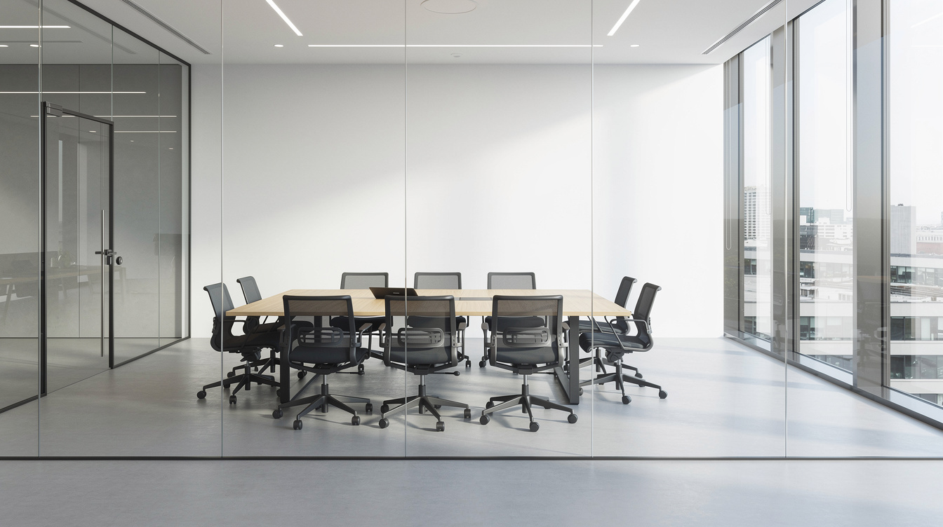 Modern glass-walled meeting room with an empty conference table